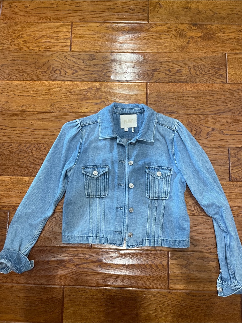 PAIGE Light Blue Cropped Denim Jacket with Puff Shoulders